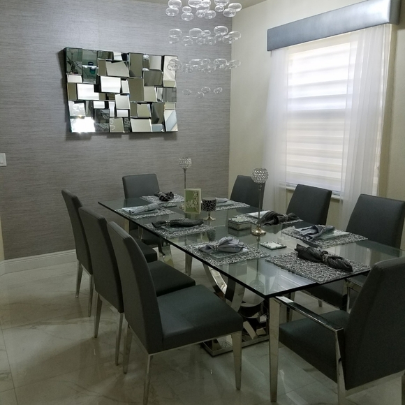 Rectangular Dining Table with 8 Gray Leather Chairs - Picture 2 of 2